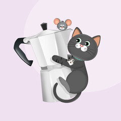 illustration of cat with the coffee machine