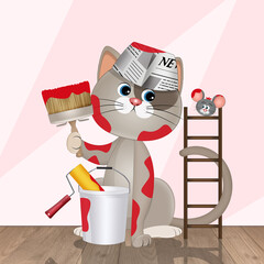 illustration of house painter cat