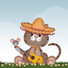 illustration of Mexican cat plays the guitar
