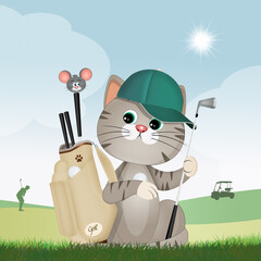 funny illustration of cat plays golf