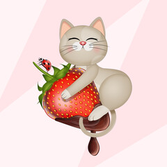 funny illustration of cat on chocolate strawberry