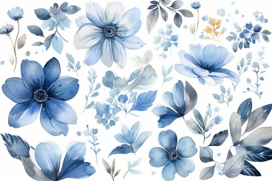 Hand-drawn water paint blue flowers on white background. Digitally generated AI image 