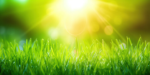 Fototapeta premium Fresh green grass background in sunny summer day. A natural spring garden background of fresh green grass for product display. generative ai. Blurred nature background