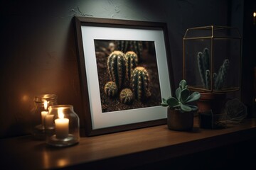 A cozy, dark, front-facing image of a picture frame on a countertop with small cacti nearby. Generative AI
