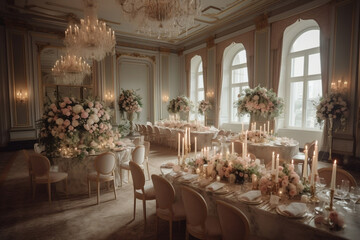 Elegant micro wedding in a grand ballroom with opulent chandeliers and classic floral arrangements