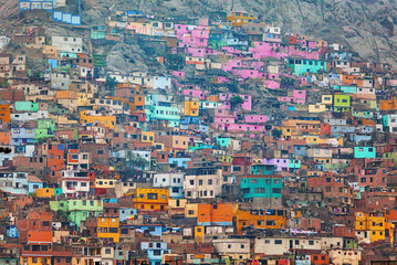 Colorful slums on the hill of San Cristobal in the center of Lima. Peru