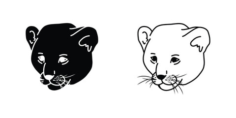 black and white big cat icon isolated on white background. zoo, animal, cat, bigcat, wildcat, jaguar, cheetah, panther, puma, beast, jungle, forest, carnivore, sticker, clipart, vector illustration