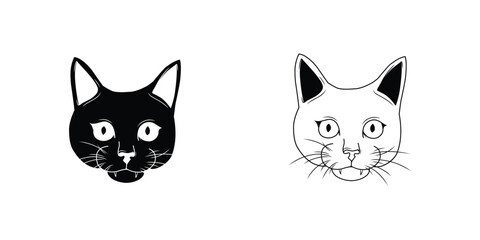 black and white cat head icon isolated on white background. animal, pet, cat, cat head, kitty, kitten, face, head, whisker, meow, silhouette, cartoon, doodle, sticker, clipart, vector illustration.