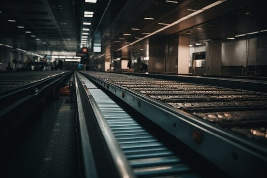 A long conveyor belt at the airport baggage claim with no items. Generative AI