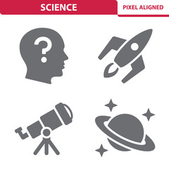 Science Icons. Knowledge, Space Ship, Telescope, Planet Vector Icon