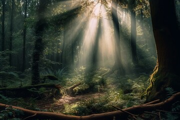Mystical woods lit up by dramatic rays of light. Generative AI
