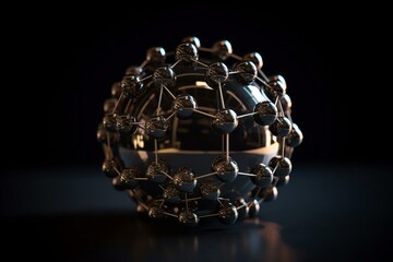 3D model of spherical fullerene molecule with hexagonal mesh rings on black background, used for scientific research and chemistry. Generative AI