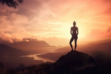 Fototapeta na wymiar Female in yoga pose against a sunset landscape