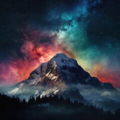Fototapeta na wymiar A colorful night sky with a mountain generative ai