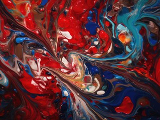 A colorful painting with a red and blue swirls