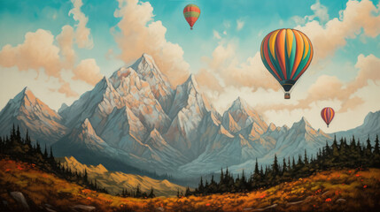 A painting of a mountain with hot air balloons