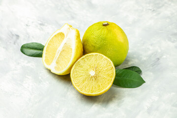 bergamot. fresh bergamot fruit, Kaffir Lime, Citrus bergamia. on a light background. banner, menu, recipe place for text, top view - obrazy, fototapety, plakaty
