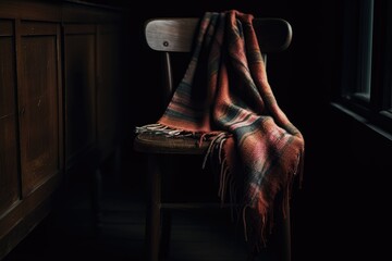 A plaid scarf is draped over a chair in a dark room