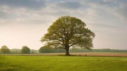 Fototapeta premium Beautiful tree in the middle of a field covered with grass