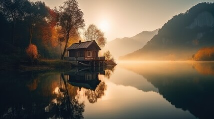 Fototapeta premium Cottage near large lake in forest area