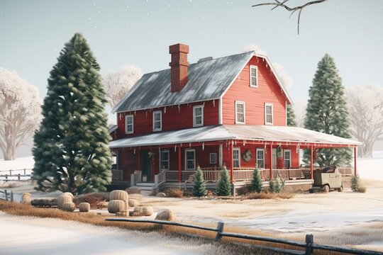 A Red Watercolor Farmhouse With A Clipart Christmas Tree. Generative AI