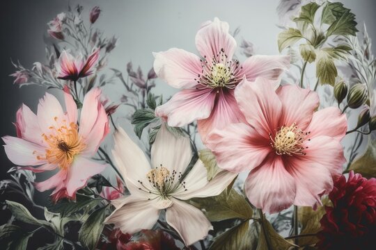 Pastel spring flowers painted with watercolors. Generative AI