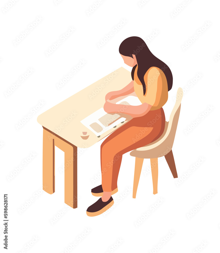 Sticker working woman sitting at desk generative ai