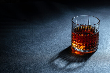 Whisky, bourbon or cognac. Hard strong alcoholic drink, place for text, top view