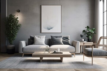 Cozy living room with a minimalistic decor frame on wall, paired with a comfortable sofa. Generative AI