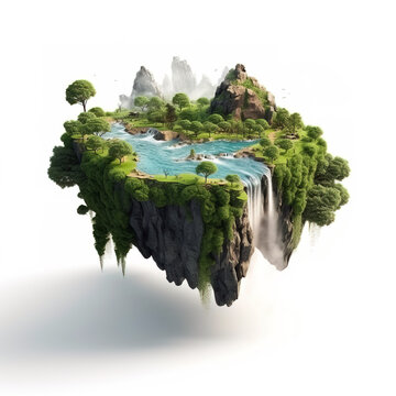 Floating paradise island isolated on white background. Digitally generated AI image