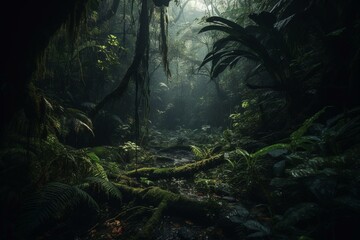 Dark lush jungle. Generative AI