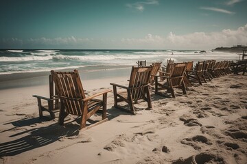 Fototapeta na wymiar Beach vacation with chairs and ocean. Generative AI