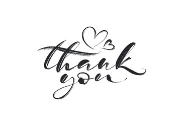 Thank you lettering. Ink hand written phrase with linear heart icons. Vector design for cards, stickers, banners, social media, prints.