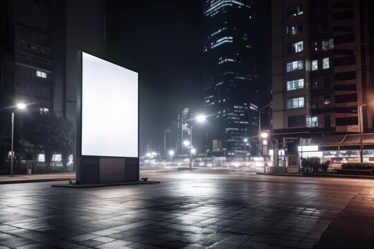 Blank white billboard with copy space area on the night city street made with Generative AI