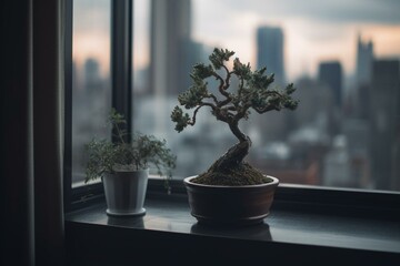 A small tree in a pot on a windowsill with a cityscape in the background framed by the window. Generative AI