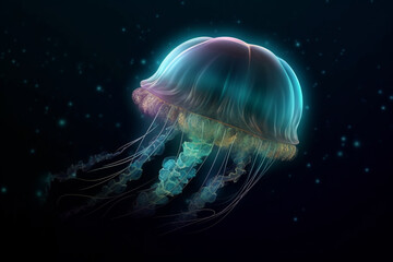 Nature concept. Colorful jellyfish floating in space or dark water. Generative AI