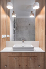 luxury washroom with washbowl and water tap in hotel