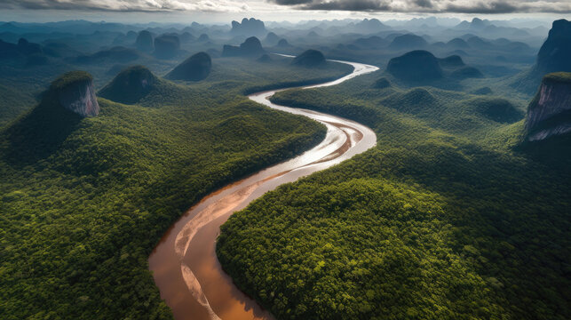 Aerial view of Rio Churun River flowing amidst Amazon rainforest. Venezuela. Generative AI