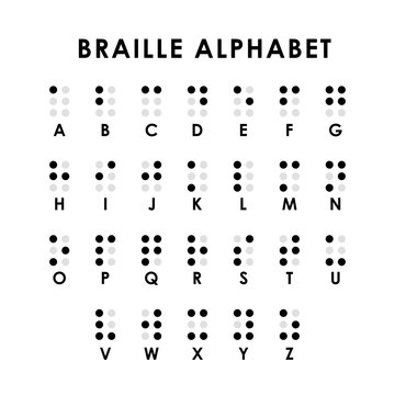 Braille alphabet monochrome color isolated on white background editble vector. Braille is a tactile writing system used by blind or visually impaired people. Vector illustration in black and white.