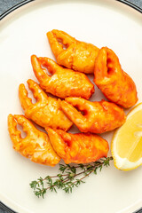 Crab group, Surimi sticks, Food recipe background. vertical image. top view. place for text
