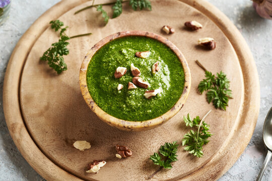 Green pesto made of wild cow parsley plant