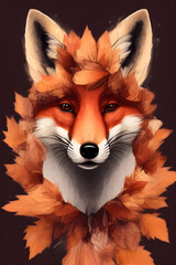 Fototapeta premium portrait of a red fox in autumn against a dark background, autumn foliage around, generative ai 