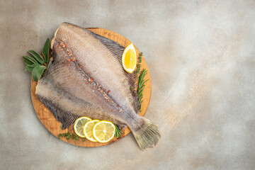 Flounder Fish. Seafood. banner, menu, recipe place for text, top view