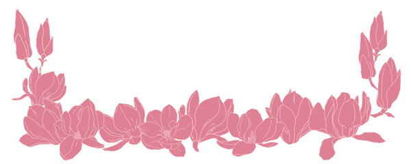 Fototapeta na wymiar Magnolia flowers in bloom frame border template. Hand drawn realistic detailed vector illustration. Pink line and fill clipart.