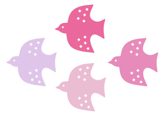 花柄の翼の北欧風のパステルカラーのピンク系の鳥の群れ