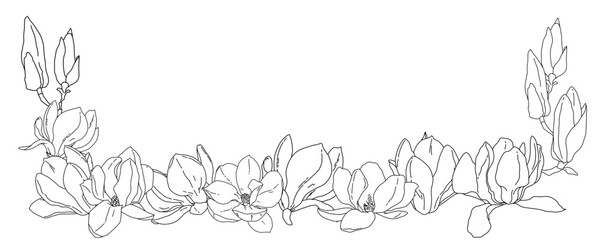 Magnolia flowers in bloom frame border template. Hand drawn realistic detailed vector illustration. Black and white outline clipart.