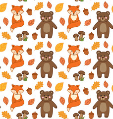 Seamless cute cartoon pattern with fox, bear, leaves, mushrooms and acorns. Autumn vector background