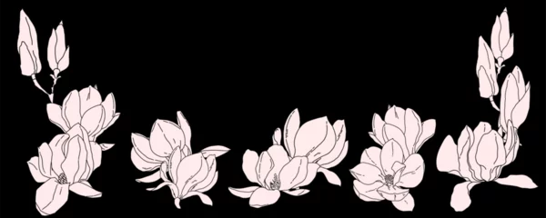 Rolgordijnen Magnolia flowers in bloom frame border template. Hand drawn realistic detailed vector illustration. Black and white outline clipart. © stournsaeh
