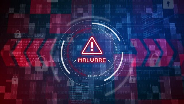Red MALWARE warning with exclamation mark in circle with numbers. Blue background with text code and lock symbols. Digital cyber security of computer software. Looped animation.