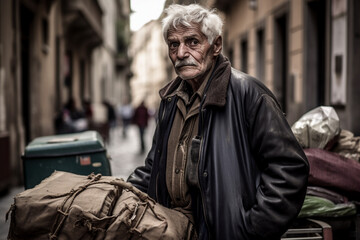 Naklejka premium Homeless middle aged man walking the city streets with sad look - ai Generative